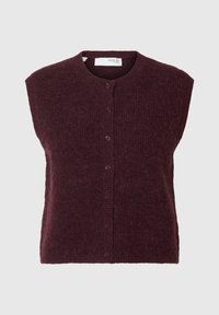 Cardigan senza maniche color bordeaux realizzato in morbido materiale a maglia, con scollo rotondo, chiusura frontale con bottoni e bordi a costine.