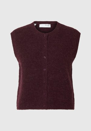 Burgunderfarbener ärmelloser Cardigan aus weichem Strickmaterial, mit rundem Ausschnitt, Knopfleiste und gerippten Säumen.