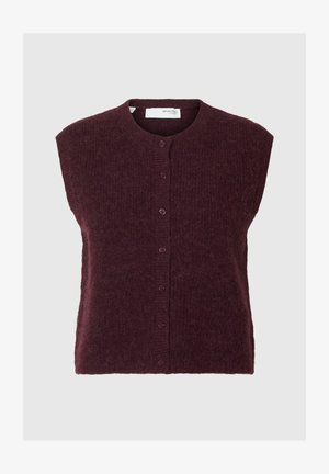 Burgunderfarbener ärmelloser Cardigan aus weichem Strickmaterial, mit rundem Ausschnitt, Knopfleiste und gerippten Säumen.