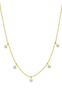 Collier en ton doré avec une chaîne délicate, comportant cinq accents circulaires ressemblant à des diamants, espacés uniformément. Texture lisse et longueur réglable.