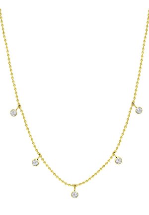 Gouden halsketting met een delicate ketting, voorzien van vijf gelijkmatig verdeelde ronde diamantachtige accenten. Eenvormige textuur en verstelbare lengte.