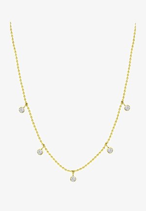 Collier en ton doré avec une chaîne délicate, comportant cinq accents circulaires ressemblant à des diamants, espacés uniformément. Texture lisse et longueur réglable.