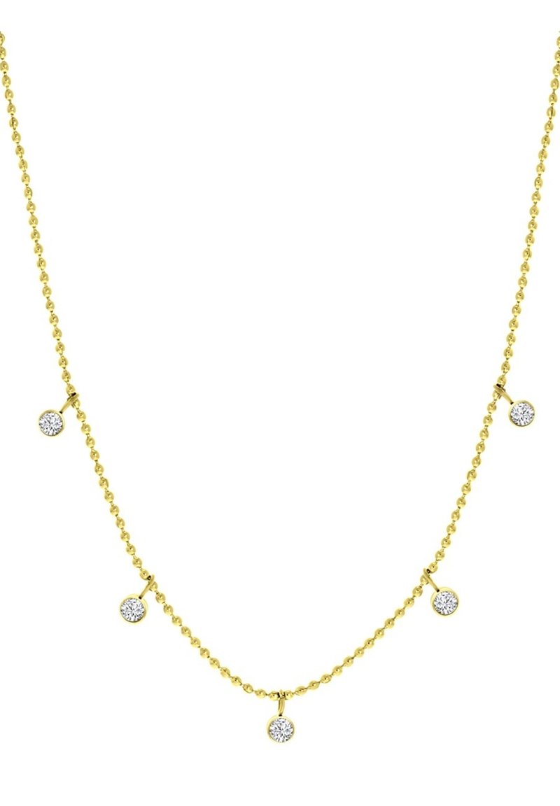 Collier en ton doré avec une chaîne délicate, comportant cinq accents circulaires ressemblant à des diamants, espacés uniformément. Texture lisse et longueur réglable.