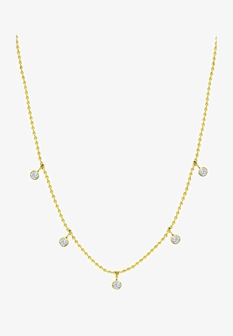 Collier en ton doré avec une chaîne délicate, comportant cinq accents circulaires ressemblant à des diamants, espacés uniformément. Texture lisse et longueur réglable.