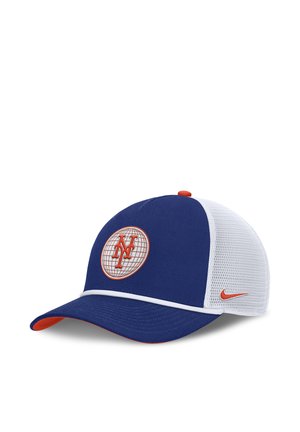 Berretto da baseball blu e bianco con logo arancione dei New York Mets sul davanti e swoosh arancione Nike sul pannello laterale in rete bianca.