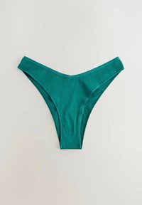 Bikini bottom verde petrolio con una cintura larga, texture liscia e taglio classico a V. Nessuna hardware visibile o motivi.