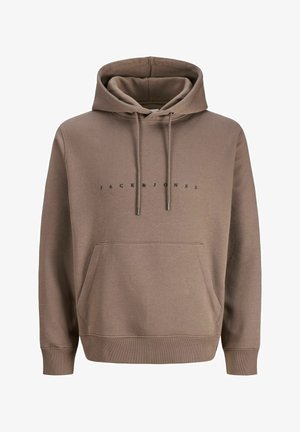 Καφέ φούτερ με κουκούλα από μαλακό ύφασμα, με τσέπη καγκουρό, κορδόνι στην κουκούλα και τυπωμένο μαύρο λογότυπο στο στήθος.