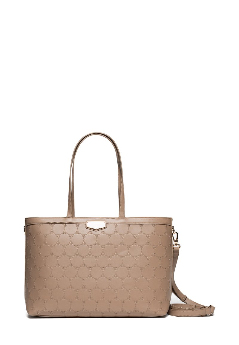 Beige taske af tekstureret syntetisk læder med et diskret præget design, to håndtag og en aftagelig skulderrem.