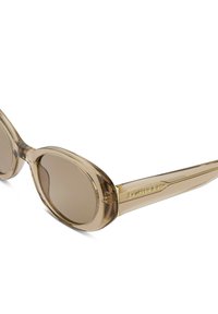 Gafas de sol de tono marrón con una montura transparente, lentes ovalados, varillas amplias y branding dorado en un acento de la patilla.