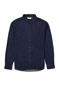 Camisa de mezclilla azul oscuro con collar clásico, mangas largas y cierre de botones. Presenta detalles de costura y un dobladillo curvado.