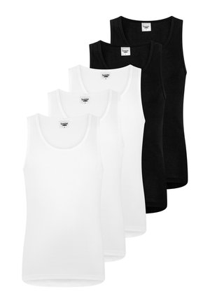 Vijf mouwloze herenshirts in zwart en wit, afwisselend gerangschikt, voorkant met zichtbare merkemblemen.