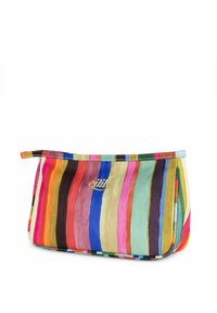 Bunte, gestreifte Kosmetiktasche mit vertikalen Streifen in verschiedenen Breiten in den Farbtönen Pink, Blau, Grün und Gelb; mit einem goldenen Logodetail.