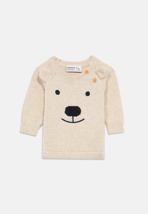 Maglione per neonati color crema con motivo faccia d'orso, due bottoni sulla spalla e maniche lunghe, taglia 1-2 mesi.