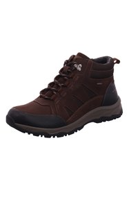 Braune Leder-Wanderschuhe mit hohem Knöchel, Schnürdesign, strukturierten Panels, Gummikappen an den Zehen und rutschfester Sohle für guten Halt.