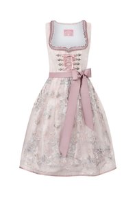 Dirndl-Kleid in zartem Rosa mit filigraner Blumenstickerei. Besitzt ein Schnürmieder, einen Satinband-Gürtel und einen gewellten Saum.
