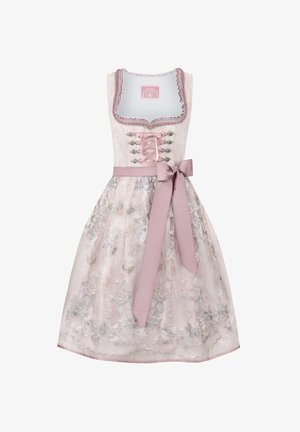 Dirndl-Kleid in zartem Rosa mit filigraner Blumenstickerei. Besitzt ein Schnürmieder, einen Satinband-Gürtel und einen gewellten Saum.