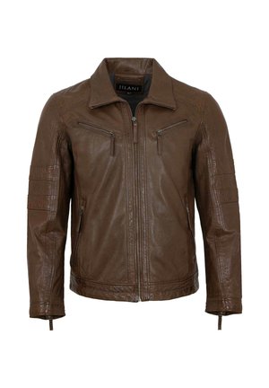 Braune Lederjacke mit Frontreißverschluss, zwei Brusttaschen mit Reißverschluss, Seitentaschen, gesteppten Details an den Ärmeln und einem Stehkragen.