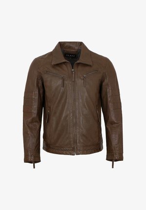 Braune Lederjacke mit Frontreißverschluss, zwei Brusttaschen mit Reißverschluss, Seitentaschen, gesteppten Details an den Ärmeln und einem Stehkragen.
