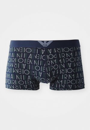 Navy boxer briefs with a repeating logo pattern in white and green. Soft fabric, elastic waistband with logo detail, and fitted design.