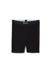 Bóxer de algodón negro con un ajuste ceñido, que presenta una cinturilla etiquetada como "Utopia" en texto blanco. Textura suave y diseño de corte recto.