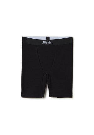 Schwarze Baumwoll-Boxershorts mit eng anliegendem Schnitt, ausgestattet mit einem Bund, der in weißem Text mit "Utopia" beschriftet ist. Weicher Stoff und gerade geschnittenes Design.