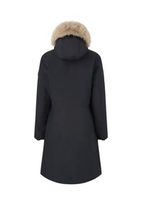 Zwarte parka jas met een capuchon en een tan kleurige nepbont afwerking. Het ontwerp heeft lange mouwen en een recht gesneden snit, wat de nadruk legt op warmte en comfort.
