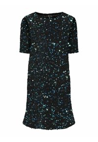 Schwarzes kurzärmliges Kleid, das mit blauen und silbernen Pailletten bedeckt ist, mit einem runden Ausschnitt und einer figurschmeichelnden Silhouette, die am Saum leicht ausgestellt ist.