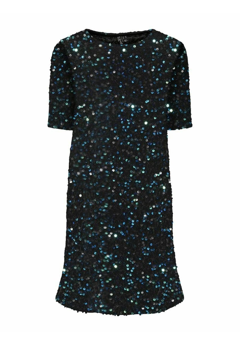 Schwarzes kurzärmliges Kleid, das mit blauen und silbernen Pailletten bedeckt ist, mit einem runden Ausschnitt und einer figurschmeichelnden Silhouette, die am Saum leicht ausgestellt ist.