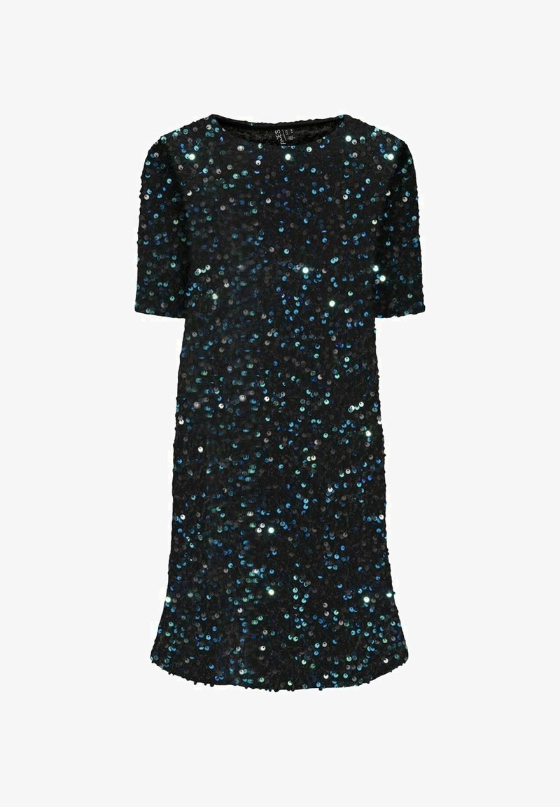 Robe noire à manches courtes recouverte de sequins bleus et argentés, avec un col rond et une silhouette ajustée avec un ourlet légèrement évasé.