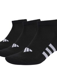 Schwarze Sportsocken mit einem gerippten Bündchen, ausgestattet mit einem weißen Logo und drei weißen Streifen an der Seite. Packung mit drei Paaren.