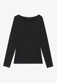 Zwarte longsleeve t-shirt van zacht materiaal. Heeft een brede, ronde halslijn en een aansluitend ontwerp, geschikt om te combineren of alleen te dragen.