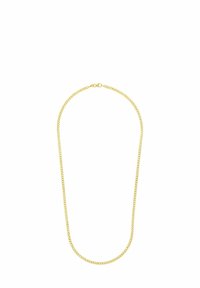 Collar de metal en tono dorado con un diseño de cadena de eslabones redondos y lisos. Presenta un cierre de broche y un acabado brillante y pulido.