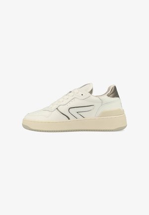 White leather sneaker with beige accents, flat laces, a textured sole, and a sleek design featuring a dark outline on the side.