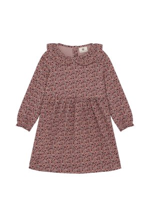 Long-sleeve pink toddler dress with small dark floral pattern and ruffled collar, gathered waist, and elastic cuffs.