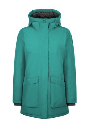 Türkis farbener, isolierter Wintermantel mit Kapuze, Frontreißverschluss, der von einer Blende bedeckt wird, zwei großen vorderen Klappentaschen und langen Ärmeln mit Innenbündchen.
