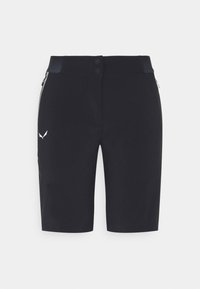 Černé šortky s elegantním designem, vyrobené z elastické látky. Mají dva knoflíky, kapsy na zip a nenápadné logo na levé noze.