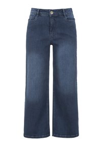 Tumman siniset leveälahkeiset farkut, jotka on valmistettu denimistä. Ominaisuuksiin kuuluu nappikiinnitys, etutaskut ja ommellut yksityiskohdat saumoissa. Silkkinen pinta.