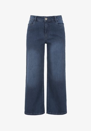 Donkerblauwe wijde jeans van denim. Voorzien van een knoopsluiting, voorzakken en gestikte details bij de naden. Soepele textuur.