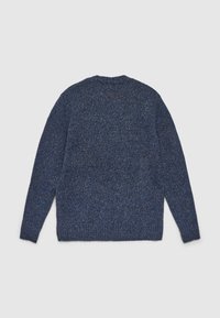 Maglione azzurro lavorato a maglia con una finitura testurizzata. Presenta maniche lunghe, un collo rotondo e polsini e orlo a coste. Vista posteriore mostrata.