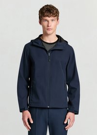 Navy waterproof jacket with a hood, zippered front, and side pockets. Soft, smooth texture with a black lining and adjustable cuffs.