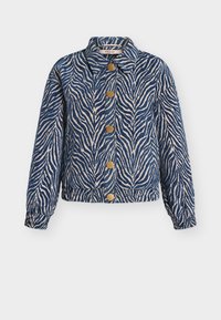 Μπλε και μπεζ μπουφάν με σχέδιο ζέβρας, γιακά, κούμπωμα με πέντε χρυσά κουμπιά και ελαστικές μανσέτες. Υφή υφάσματος.