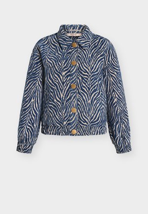 Plava i bež jakna s uzorkom zebre, s ovratnikom, pet zlatnih gumba i elastičnim manšetama. Tkanina s teksturom.