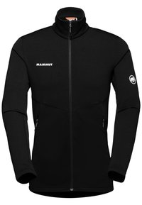 Zwarte fleecjacket met een hoge kraag, frontale rits en twee ritszakken aan de zijkant. Bevat het "MAMMUT" logo op de borst en de mouw.
