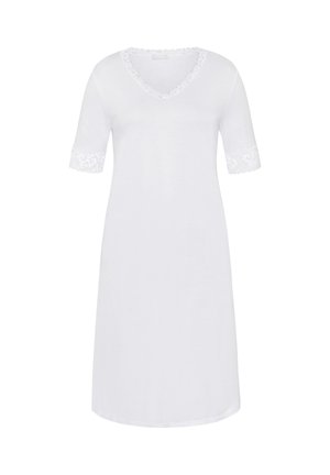 Witte nachthemd met een V-hals en korte mouwen, met kanten afwerking op de mouwen. Gemaakt van zachte stof voor comfort.