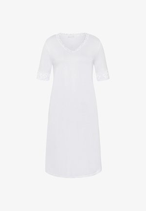 Witte nachthemd met een V-hals en korte mouwen, met kanten afwerking op de mouwen. Gemaakt van zachte stof voor comfort.