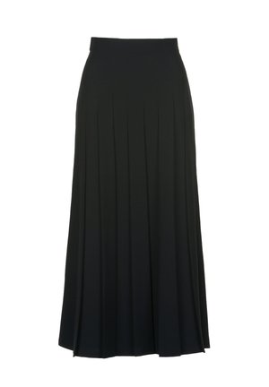 Schwarzer plissierter Rock aus glattem Stoff, mit hohem Bund und fließender Länge, die eine lockere, elegante Silhouette erzeugt.