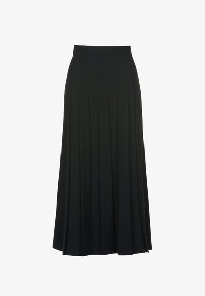 Fustă plisată neagră dintr-un material neted, cu talie înaltă și lungime fluidă, creând o formă lejeră și elegantă.