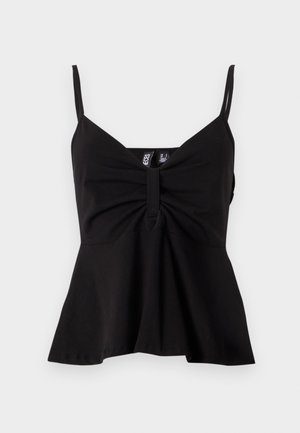 Musthave mustata top V-kaelusega, volditud esiosaga ja laieneva äärisega. Valmistatud sileda ja veniva kangaga, millel on õhukesed reguleeritavad rihmad.