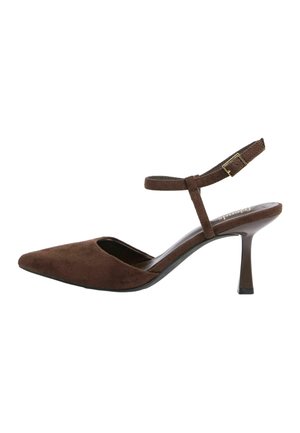 Bruine suède pumps met spits toelopende neus, slingback, verstelbare enkelband en smalle taps toelopende hak.