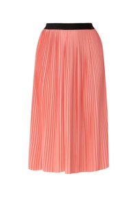 Jupe midi plissée corail rose avec une ceinture élastique noire, présentée sur fond blanc.